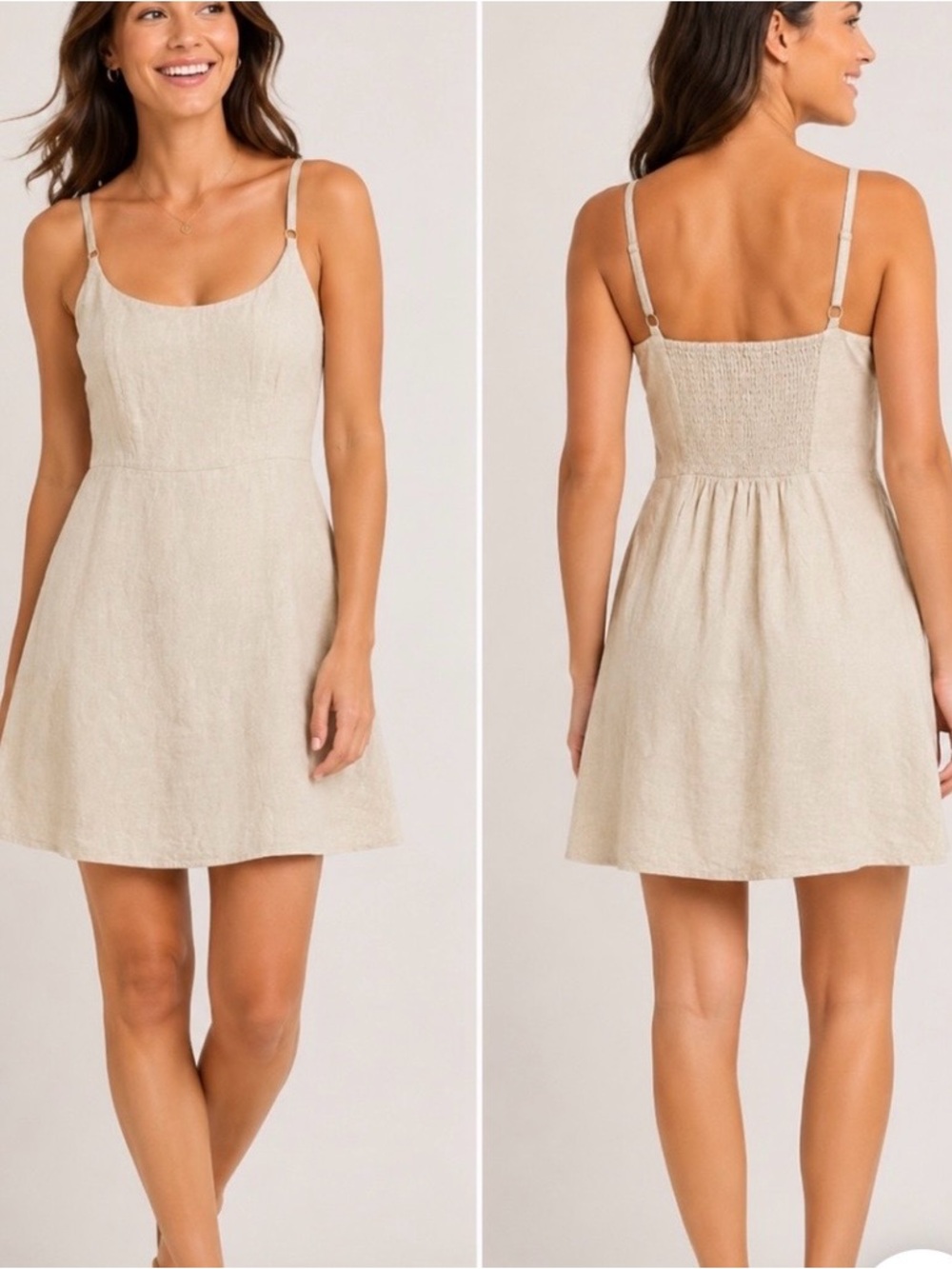 Old Navy Oatmeal Beige Linen-Blend Fit & Flare Cami Mini Sundress Smocked Back-L